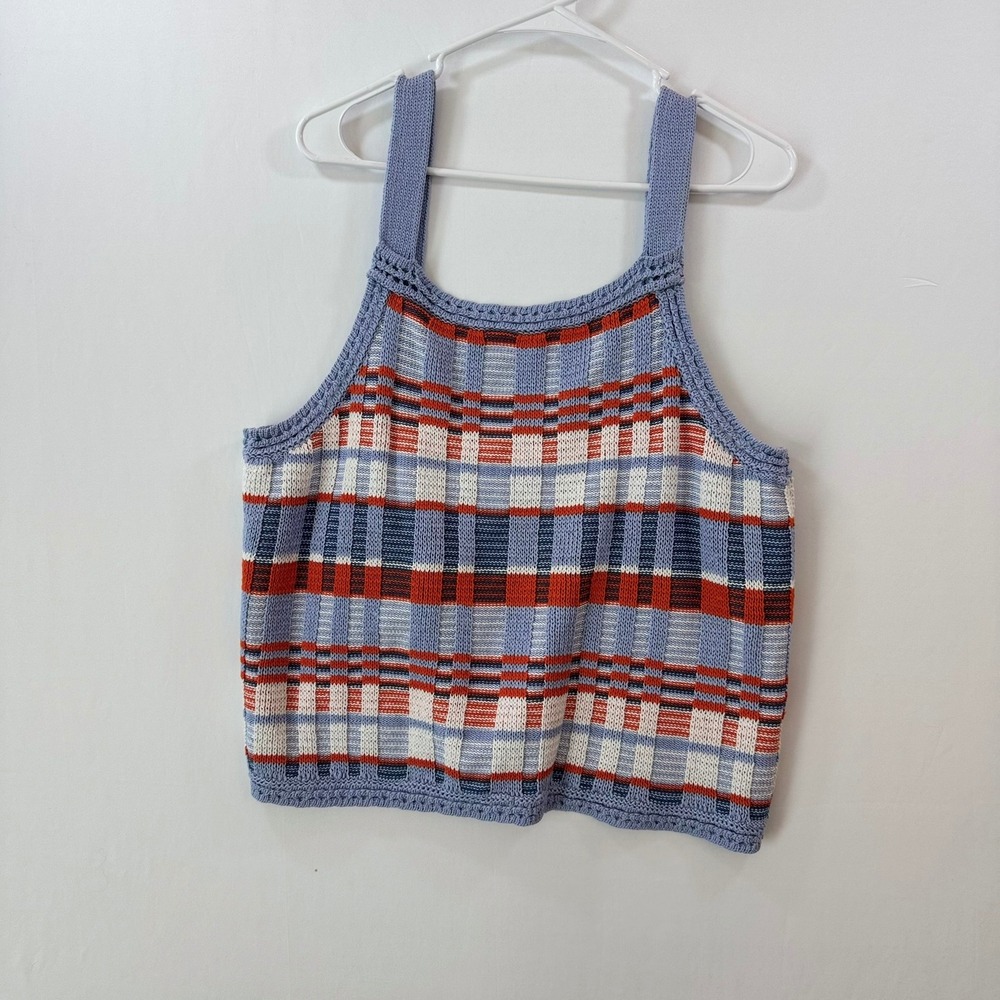 Banana Republic Womens XL Blue Orange Plaid Knit Tank Top Cotton Sweater Vest
